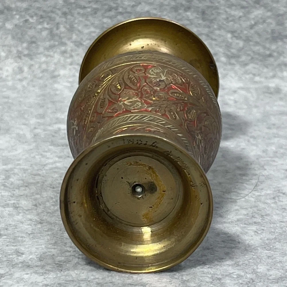 Vintage Vase 4” Brass Hand Carved Intricate Inlaid‎ Decorative